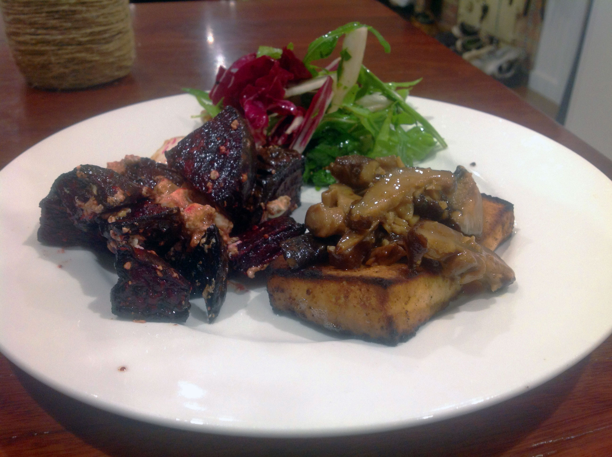 The finished dish, tofu steak with mushroom ragout recipe